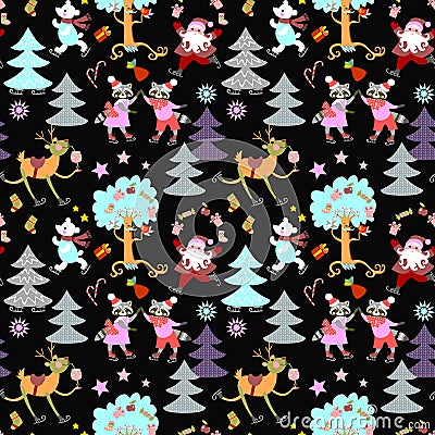 Seamless christmas print for fabric with deer Rudolph, Santa Claus, polar bear and cute raccoons. Vector Illustration