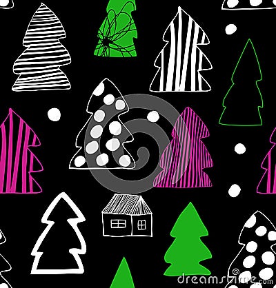 Seamless Christmas winter pattern. Decorative background with spruces, fir-trees. Holiday cartoon design. Vector Illustration