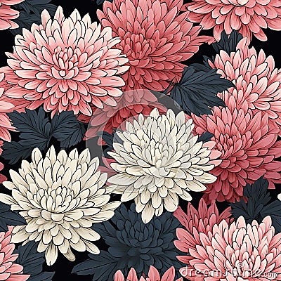 Seamless Chrysanthemum Flower Pattern In Vintage Style Vector Graphic Stock Photo
