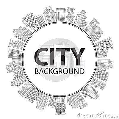 Seamless circular frame of line skyscrapers. Black and white Vector Illustration