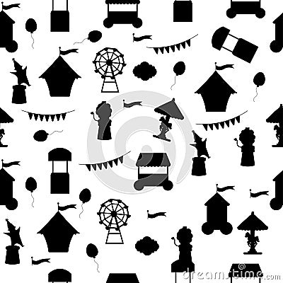 Seamless circus silhouette pattern. Circus with elements carousel, tent, clown Vector Illustration