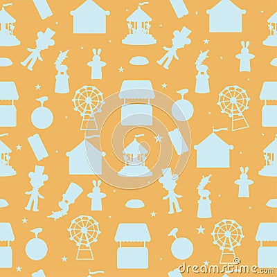 Seamless circus silhouette pattern on yellow background. Circus with elements Vector Illustration