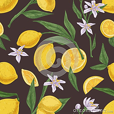 Seamless citric pattern with fruits, leaves and branches of blooming lemon tree on dark background. Endless hand-drawn Vector Illustration