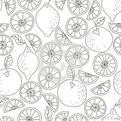 Seamless citrus pattern. Fruit vector background. Black and white background with lemon and orange. Natural and healthy Vector Illustration