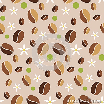 Seamless coffee beans pattern on beige with vanilla flowers and green circles. Vector Illustration