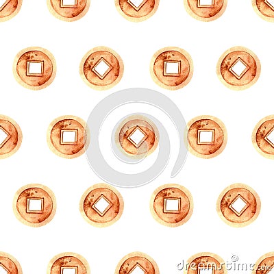 Seamless coins pattern. Watercolor background for chinese new year textile, wrapping paper, wallpaper Stock Photo