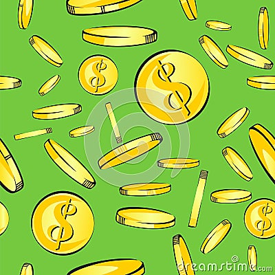 Seamless coins rain pattern, gold money with dollar sign fall, vector illustration Vector Illustration