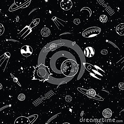 Seamless Collection of cartoons outer space objects Vector Illustration