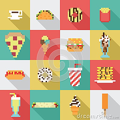 Seamless collection, pixel, vintage, diner food pattern in vector Vector Illustration