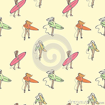 Seamless color pattern with girls with surf boards walking along the beach. Vector Illustration