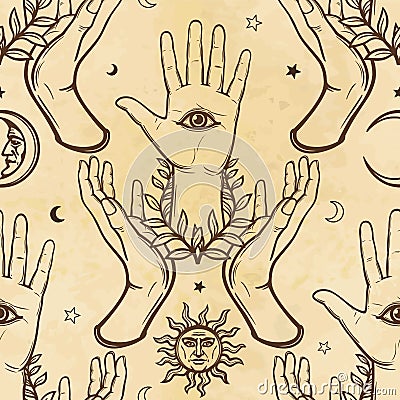 Seamless color pattern: human hands support a palm with an all-seeing eye. Esoteric, mysticism, occultism. Vector Illustration