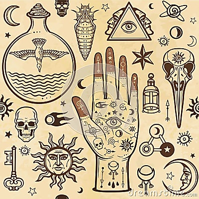 Seamless color pattern: human hands in tattoos, alchemical symbols. Esoteric, mysticism, occultism. Vector Illustration