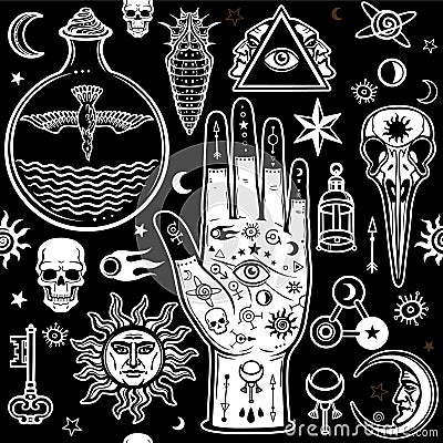 Seamless color pattern: human hands in tattoos, alchemical symbols. Vector Illustration