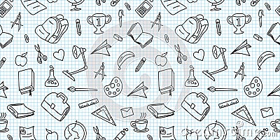 Seamless colored back to school pattern with supplies stationary and creative elements doodle drawing. Creative cute vector Vector Illustration