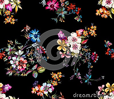 Seamless colored flowers for textile; Retro style floral arrangement, vintage style with black background. Stock Photo