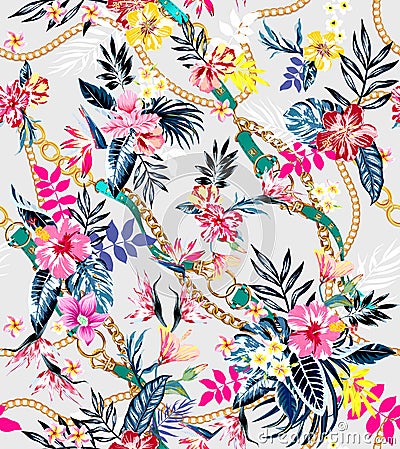 Seamless colored tropical flowers with belts and chains ready for textile print; Retro Hawaiian style floral. Stock Photo