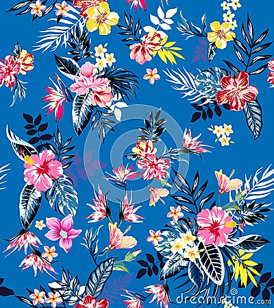 Seamless colored tropical flowers for textile; Retro Hawaiian style floral arrangement, vintage style with black background.Seamle Stock Photo