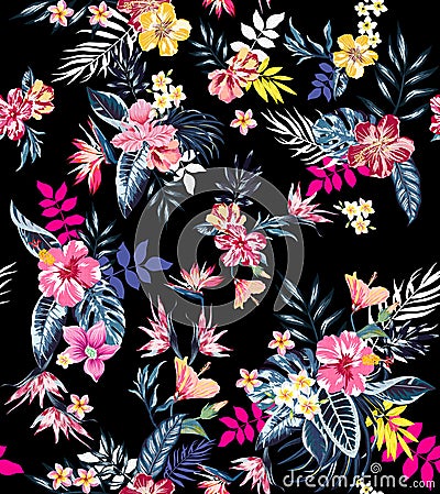 Seamless colored tropical flowers for textile; Retro Hawaiian style floral arrangement, vintage style with black background. Stock Photo