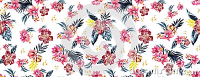 Seamless colored tropical flowers for textile; Retro Hawaiian style floral arrangement, vintage style with black background.Seamle Stock Photo