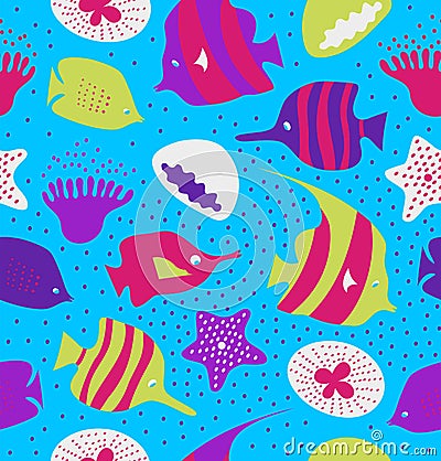 Seamless colorful background with cute fishes, jellyfishes. Marine texture, pattern with sea creatures, coral reefs. Vector Illustration