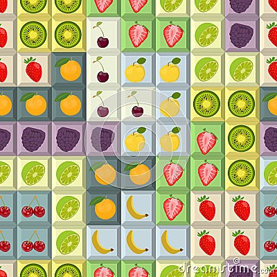 Seamless colorful background with fruits on tetris shapes Vector Illustration