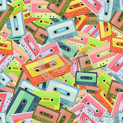 Seamless colorful background made of audio tapes in flat design Vector Illustration