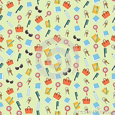 Seamless colorful background made of content of woman purse in f Vector Illustration