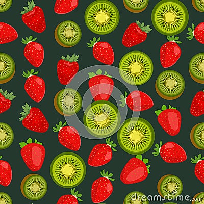 Seamless colorful background made of strawberry and kiwi in flat Vector Illustration