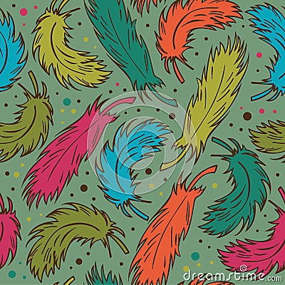 Seamless colorful background with plumes. Decorative doodle pattern with feathers Vector Illustration