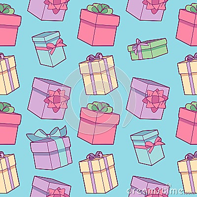 Seamless colorful cartoon birthday party pattern with wrapped gift boxes with ribbons on light blue background Stock Photo