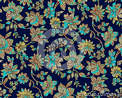 Seamless colorful paisley damask with navy background Stock Photo