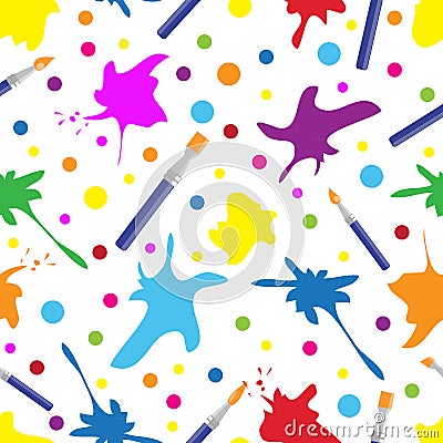 Seamless colorful pattern with brushes and paint splashes. creativity background, vector illustration Vector Illustration