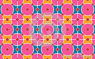 Seamless colorful pattern of pink circles and orange, blue squares Vector Illustration