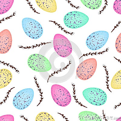 Seamless colorful pattern of a set of Easter eggs and willow twigs isolated on a transparent background. Idea for packaging, cards Vector Illustration