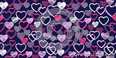 Seamless colorful pattern with vector hand drawn sketch shape hearts. Print with set texture pink heart silhouettes. Vector Illustration