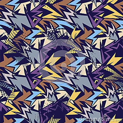 Seamless colorful urban artwork with grunge curved patterns for print, texture, textile Vector Illustration