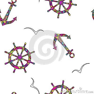 Seamless colorful vector pattern with ship`s steering wheels, anchors, gulls on a white background. Vector Illustration