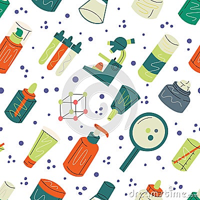 Seamless pattern with skincare and laboratory elements on transparent background. Vector Illustration