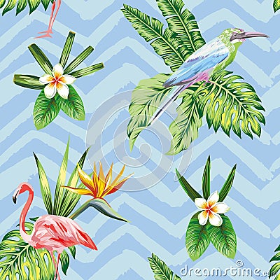 Seamless composition of tropical bird flowers and plants blue zigzag background Vector Illustration