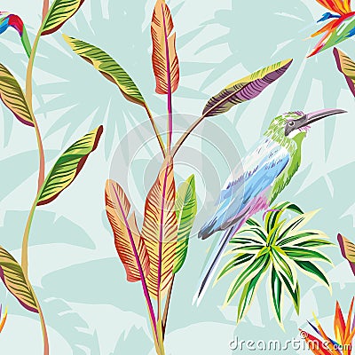 Seamless composition of tropical leaves flowers and bird green m Vector Illustration