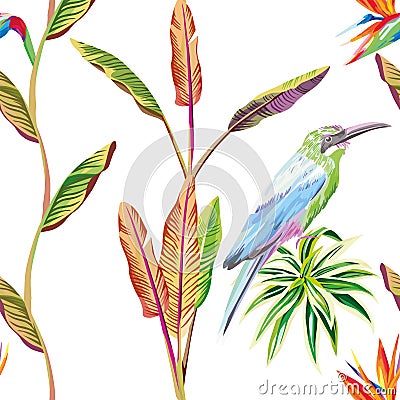 Seamless composition of tropical leaves flowers and bird white b Vector Illustration