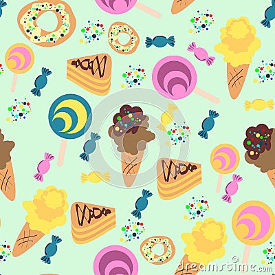 Seamless Confection Pattern. Ice-cream, Candies, Pies Vector Illustration