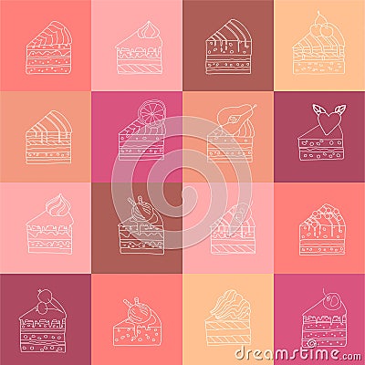 Seamless contour pattern with different kinds of cake slices. Sweet desserts, various taste. Stock Photo