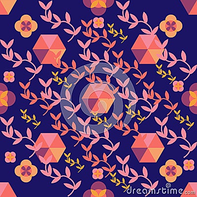 Seamless coral pattern on purple geometric Vector Illustration