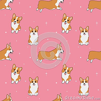 Seamless corgi pattern. Cartoon home pet, set of cute puppies for print, posters and postcard. Vector corgi animal background Vector Illustration