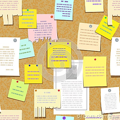 Seamless cork bulletin board with notes, advertise Vector Illustration