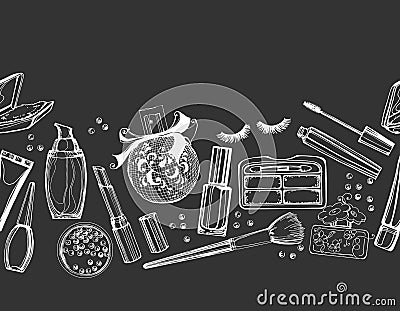 Seamless cosmetics pattern with make up artist objects. Vector . Cartoon Illustration