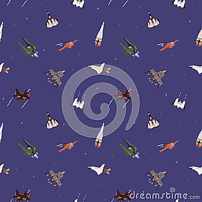 Seamless cosmic pattern with spaceships and rockets in outer space. Endless sky background with spacecraft and Vector Illustration