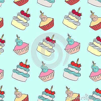 Seamless cream cupcake and cake pattern Vector Illustration