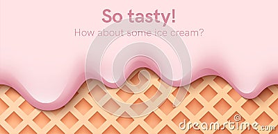 Seamless creamy liquid, yogurt cream, ice cream or milk melting and flowing on a waffle. Pink cherry creamy drips. Simple cartoon Vector Illustration